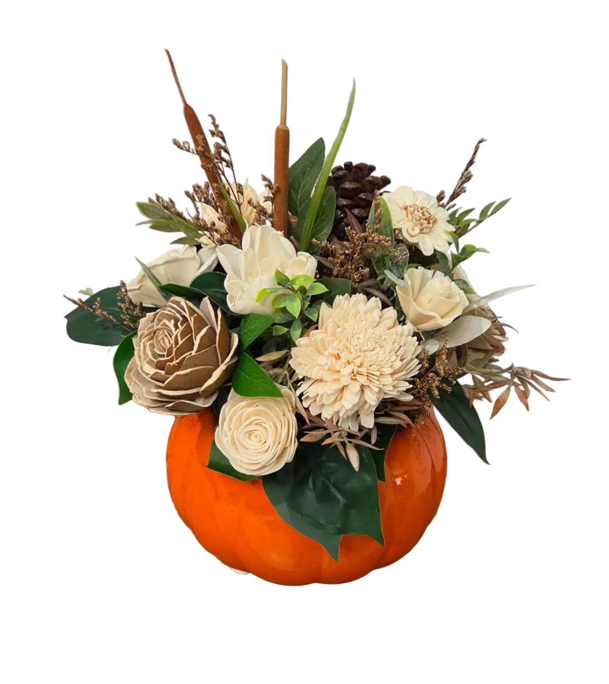 Back view of Autumn Harvest ivory wood flower arrangement with greenery and natural fall accents in an orange pumpkin planter.