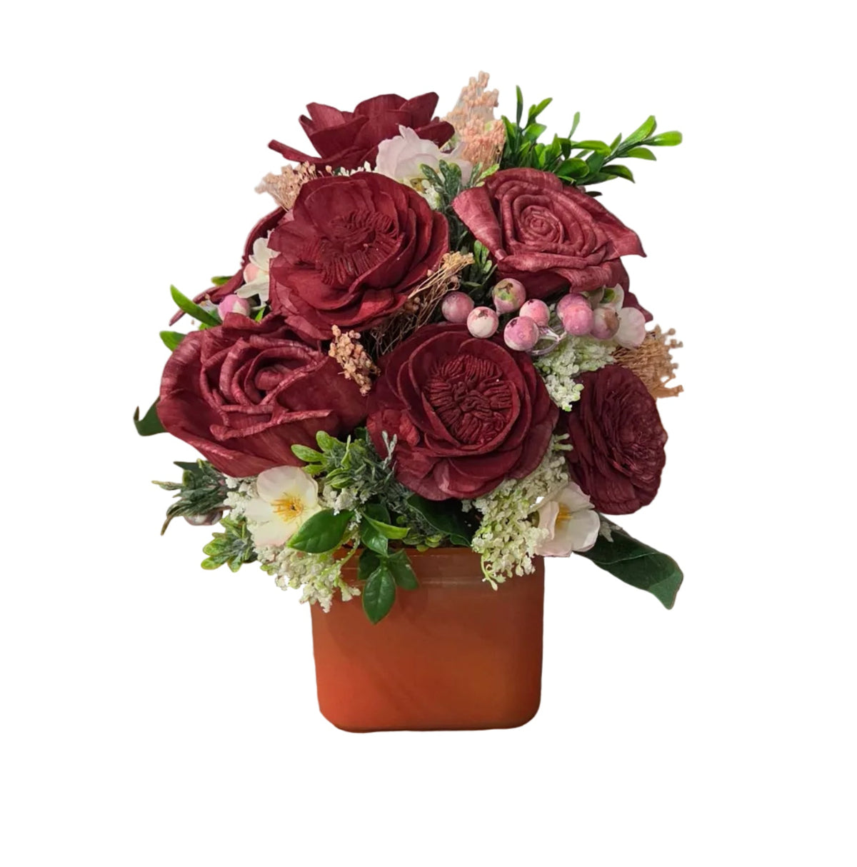 Back view of Cranberry Blush burgundy wood flower arrangement with pink berries, blush accents and greenery.