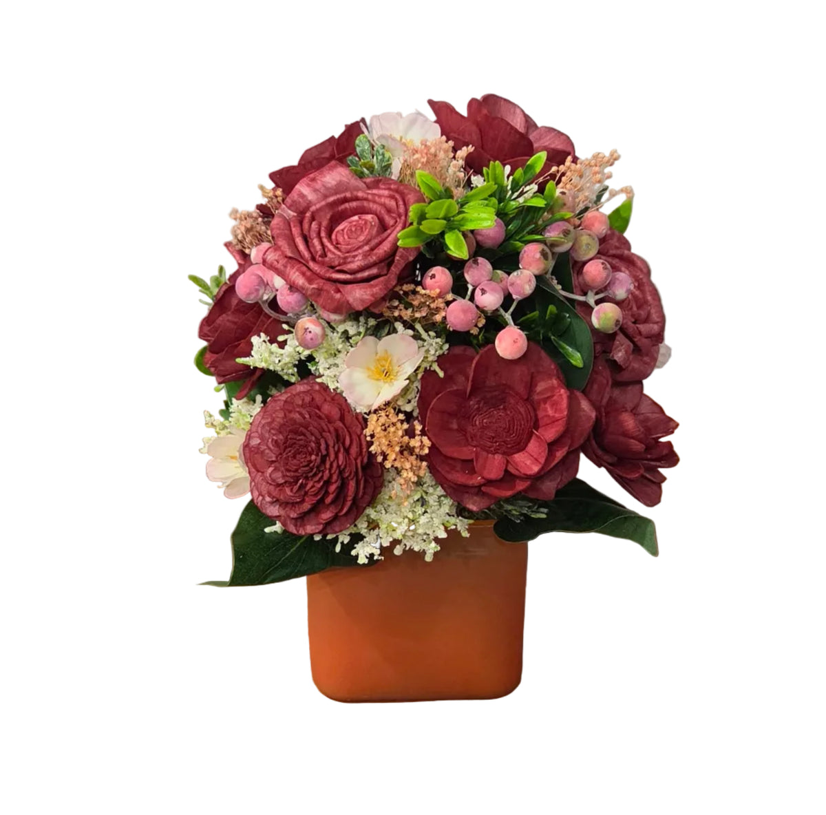 Cranberry Blush burgundy wood flower arrangement with pink berries, blush accents and greenery in a square container.