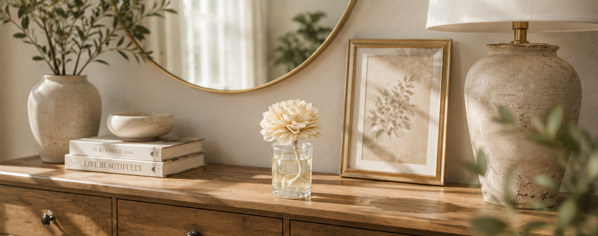 Painted Petals flower diffuser with natural wood flower and fragrance oil styled on a warm wood console table in a neutral home.