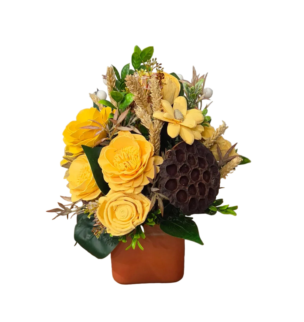 Golden Meadow yellow wood flower arrangement with greenery, natural botanicals and lotus pod in a square container.