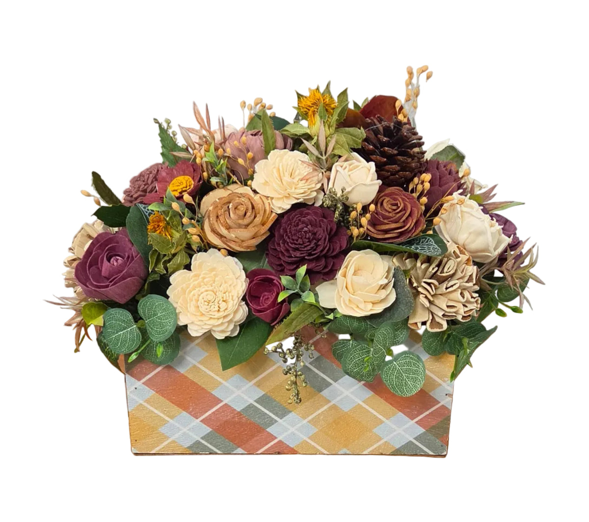 Back view of Autumn Heirloom wood flower arrangement with burgundy, plum, blush and ivory blooms, greenery and fall accents in a plaid planter.