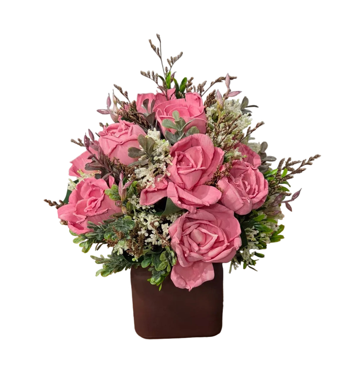 Back view of Rosewood Garden dusty pink wood flower arrangement with greenery and delicate botanical accents.