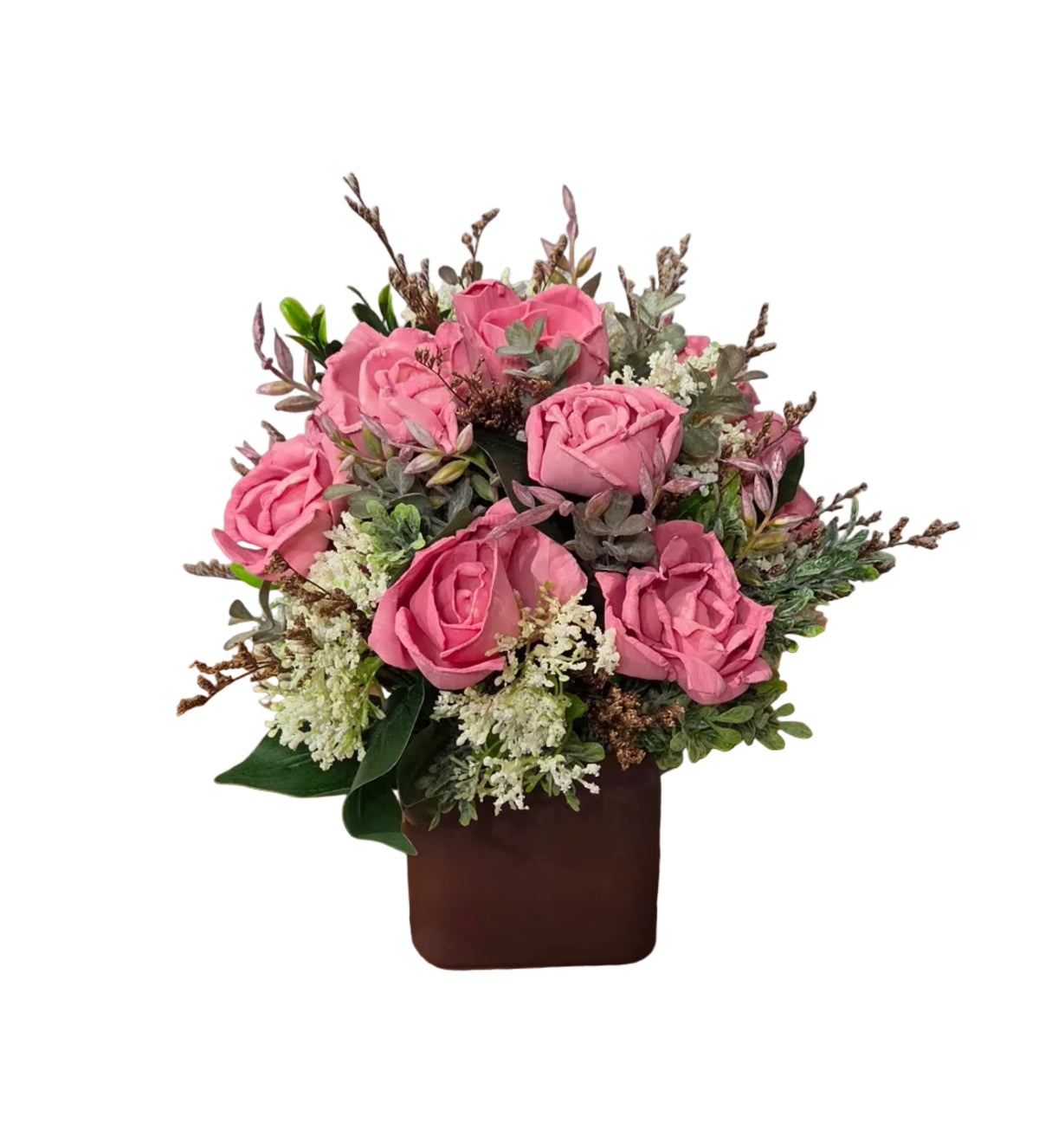 Rosewood Garden dusty pink wood flower arrangement with soft greenery and botanical accents in a square container.