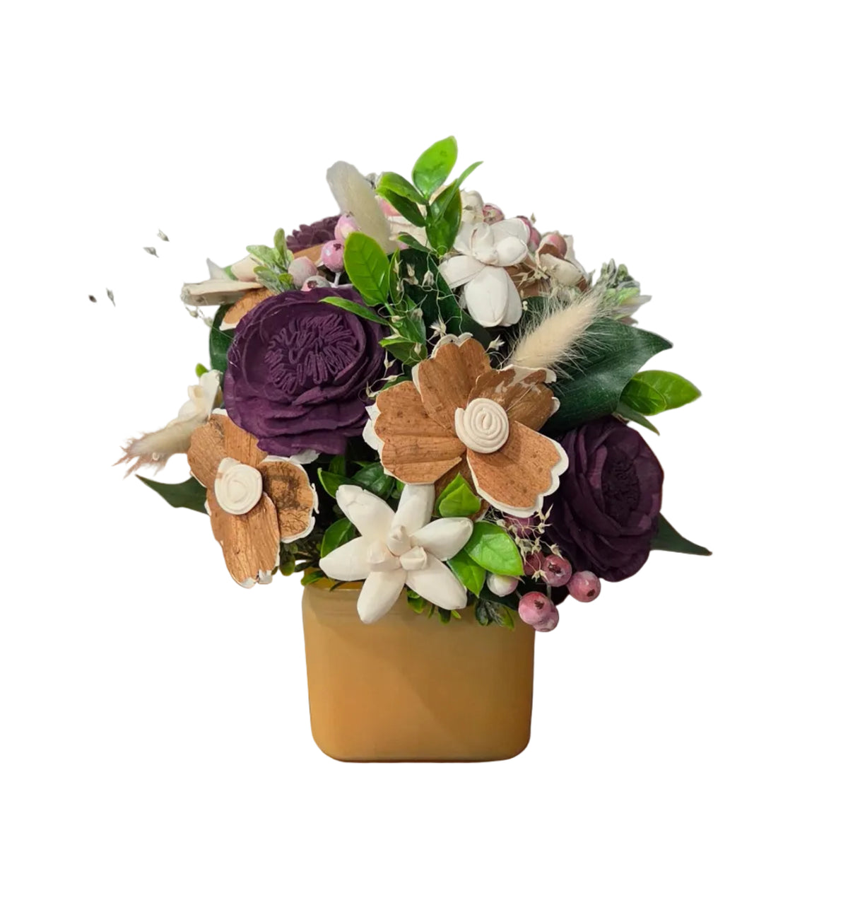 Back view of Wild Plum sola wood flower arrangement with plum and natural flowers, greenery, berries, and bunny tail accents.
