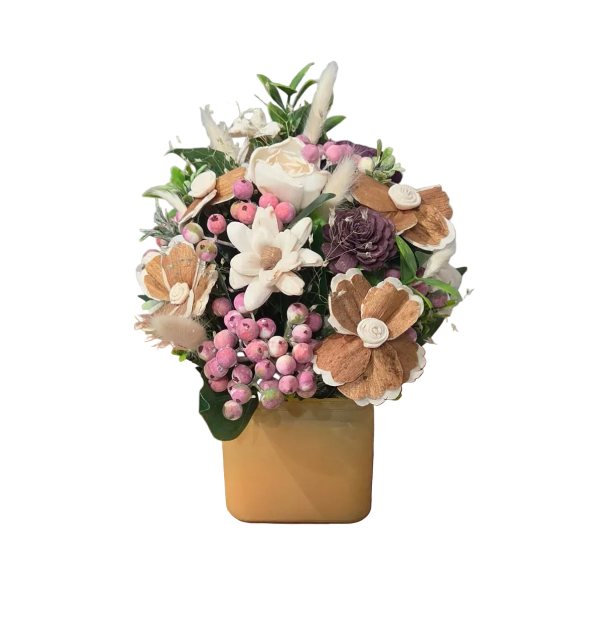 Wild Plum sola wood flower arrangement with deep plum and natural flowers, pink berries, greenery, and bunny tail accents.